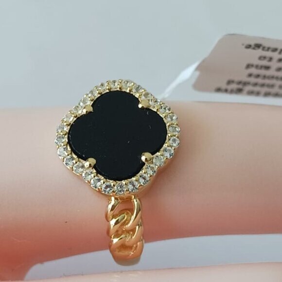 YS India 14k Gold Plated Sterling Siver 925 W CZ & Genuine Onyx Clover Ring Sz.8 - Picture 16 of 16